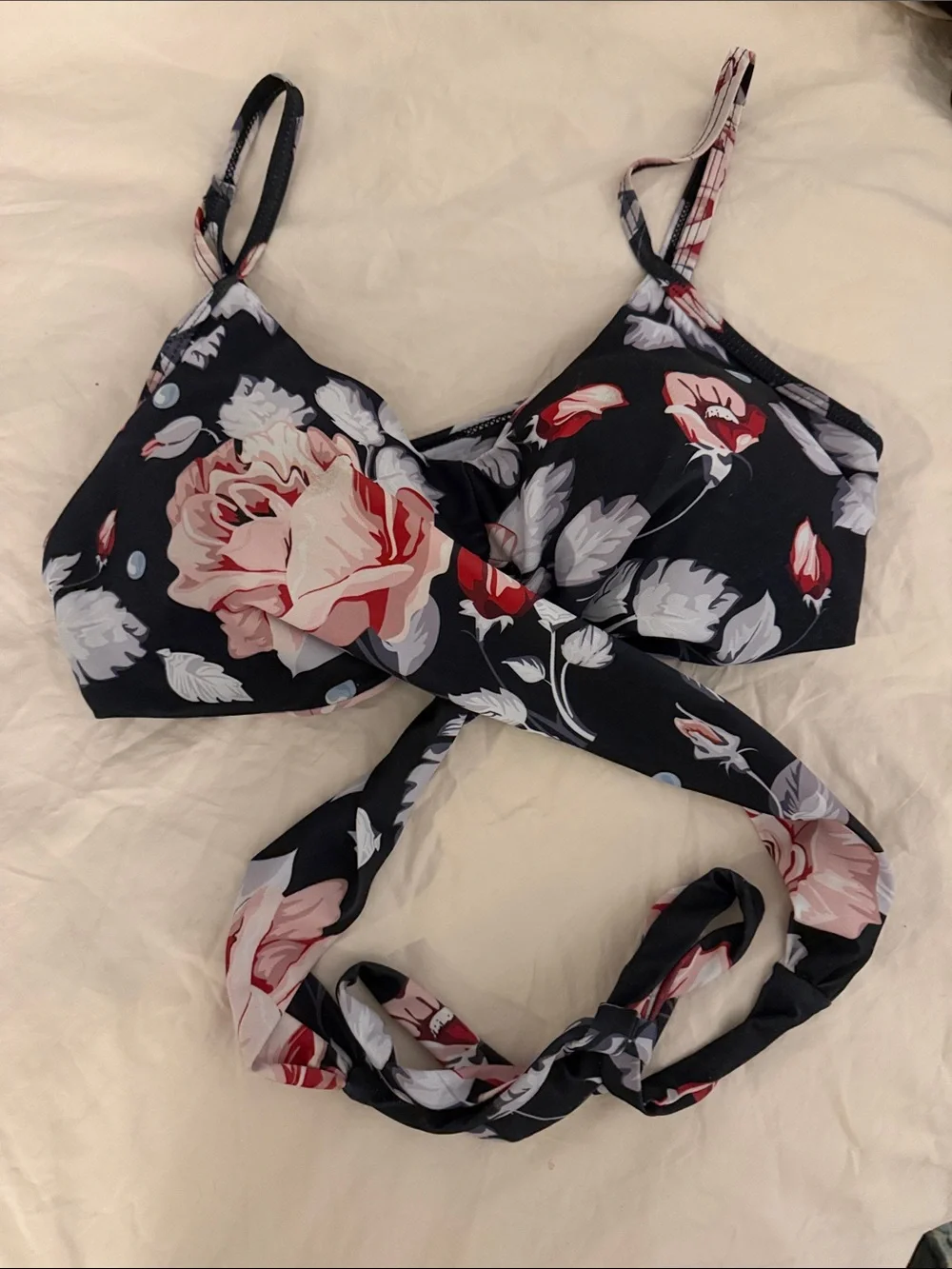 Floral Tie-Front bikini top - black with Pink & Red Roses